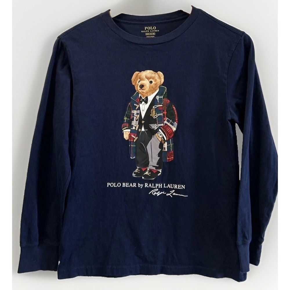 Kids Boys Polo Ralph Lauren Navy Long Sleeved Polo Bear T-Shirt Sz Med 10-12